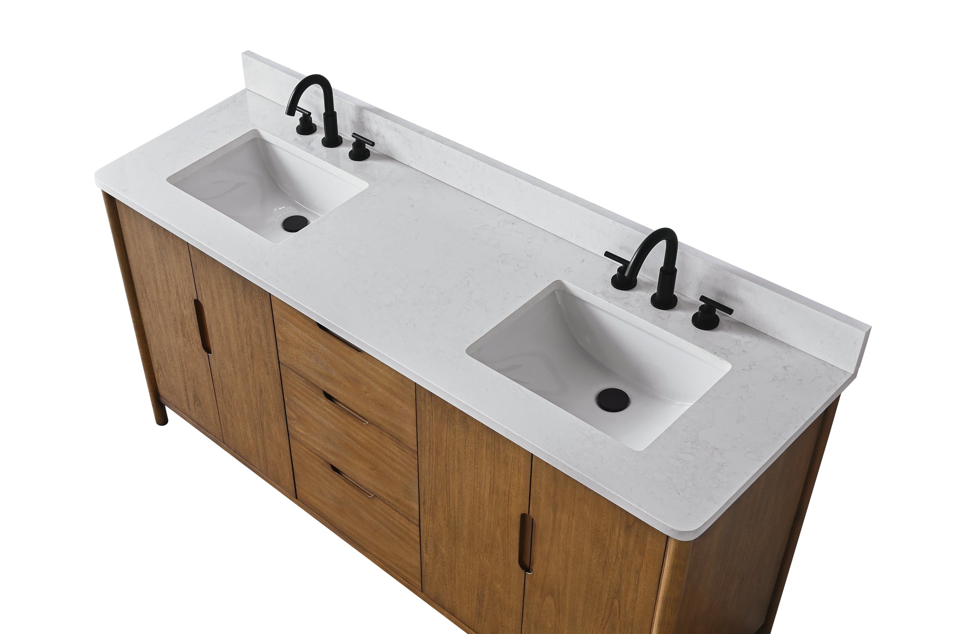 Close-up overhead angle of dual undermount sinks on white engineered stone top with black faucets