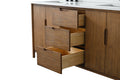 Close-up of open three-drawer stack on 72-inch walnut vanity showing natural wood dovetail drawer boxes