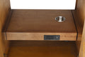 Pull-out drawer tray with round metal grommet and dual AC outlet USB charging strip underneath