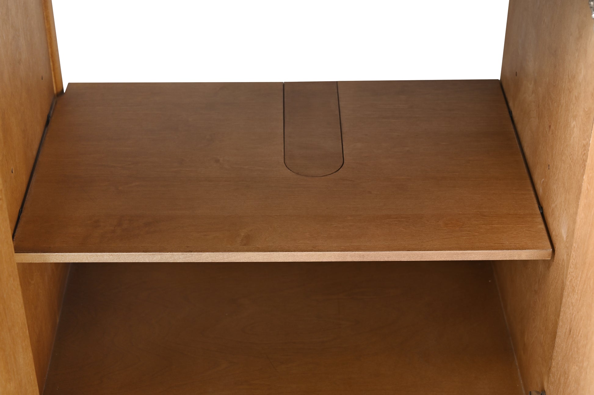 Interior cabinet view showing pull-out wood shelf with cable slot cutout and lower fixed shelf