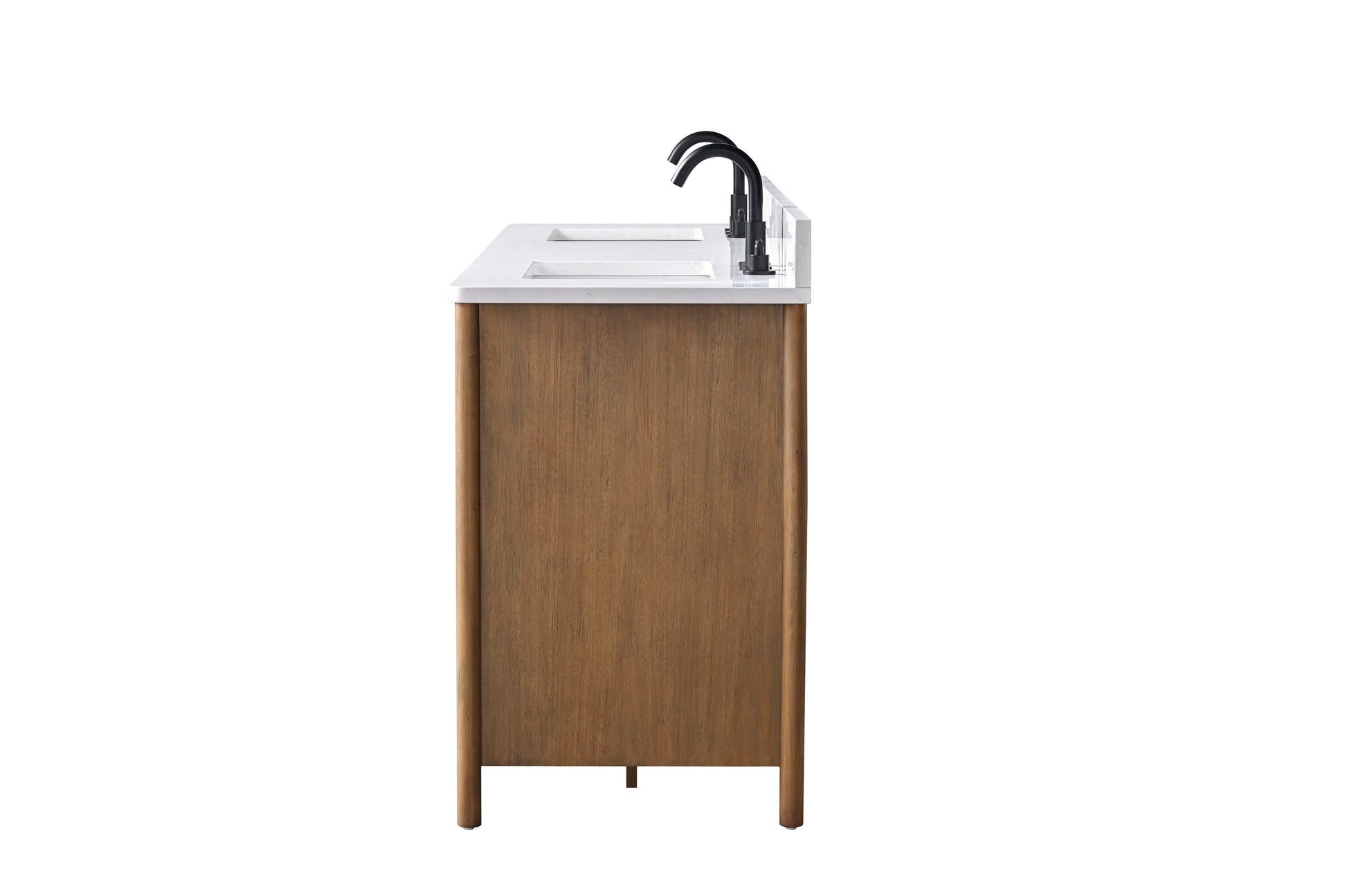 Side view of 72x22x34 walnut bathroom vanity with white stone top and matte black faucet