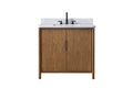 VanityArt 36x22x34 walnut bathroom vanity with white engineered stone top and matte black 3-hole faucet, front view white background