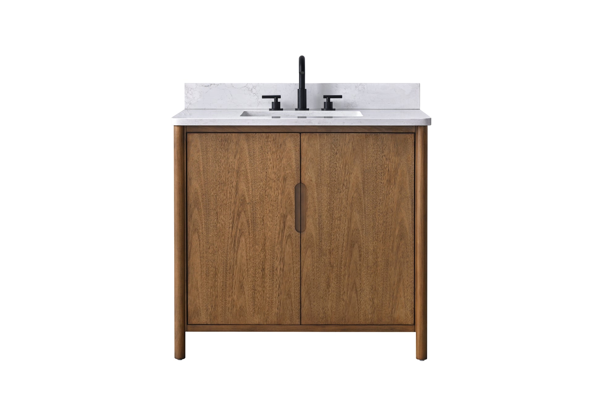 VanityArt 36x22x34 walnut bathroom vanity with white engineered stone top and matte black 3-hole faucet, front view white background