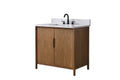 VanityArt 36-inch walnut bathroom vanity with two-door cabinet and white engineered stone top, right-angle view white background