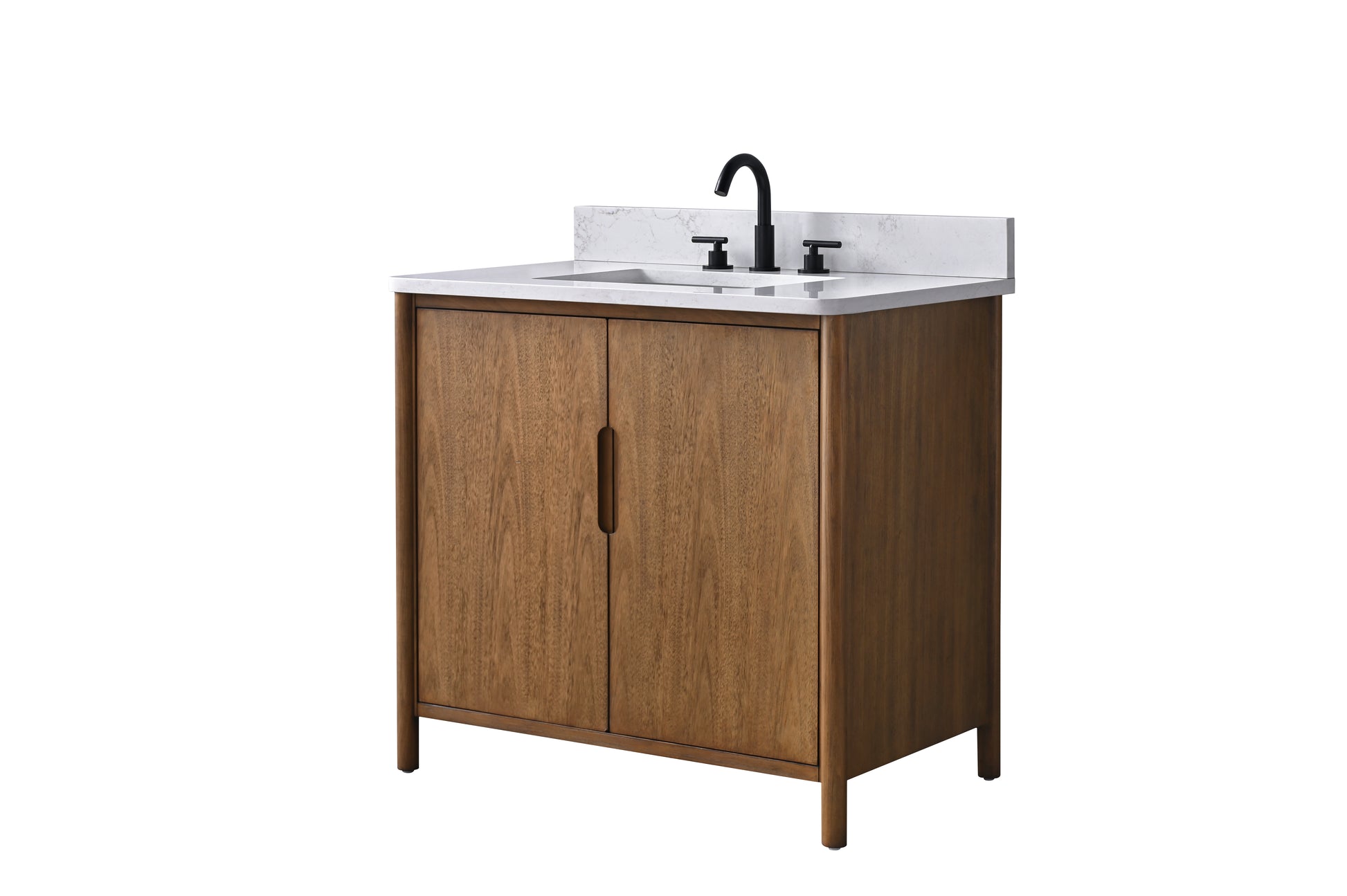 VanityArt 36-inch walnut bathroom vanity with two-door cabinet and white engineered stone top, right-angle view white background