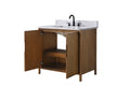 VanityArt 36-inch walnut vanity with open doors revealing interior storage shelf and pull-out tray, side angle white background