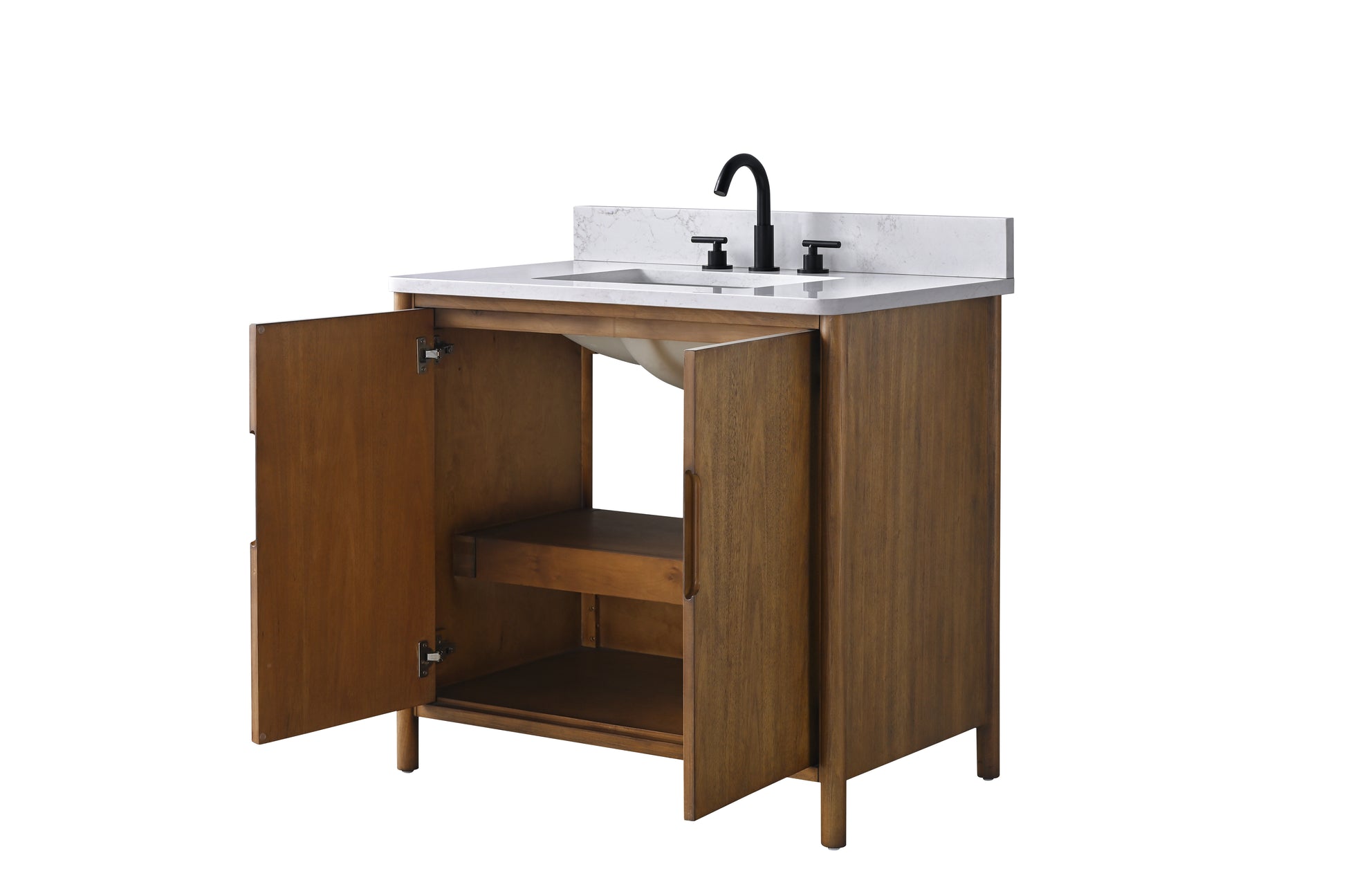 VanityArt 36-inch walnut vanity with open doors revealing interior storage shelf and pull-out tray, side angle white background