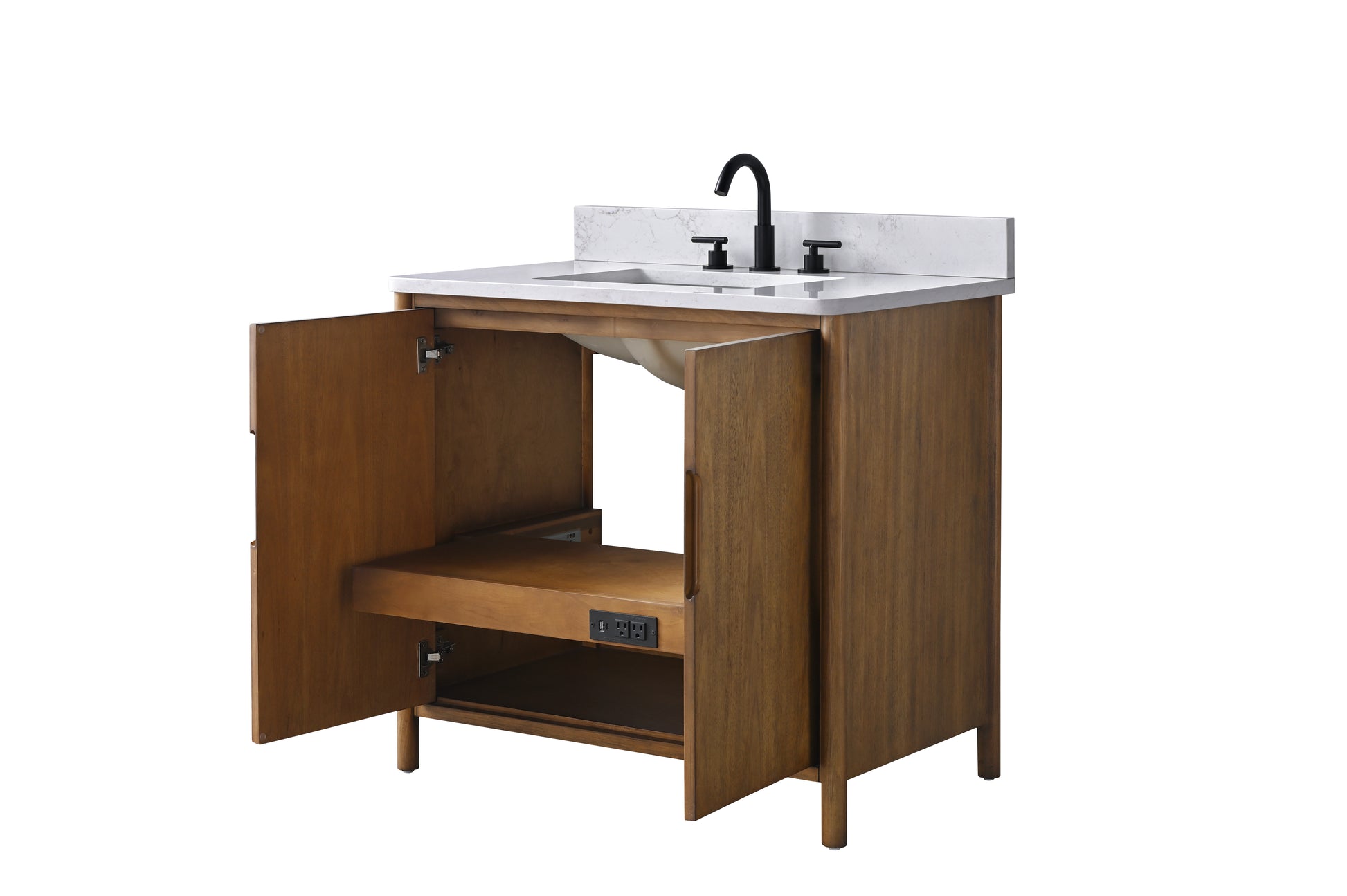 VanityArt 36-inch walnut vanity with left door open showing pull-out charging shelf with USB outlets, angled view
