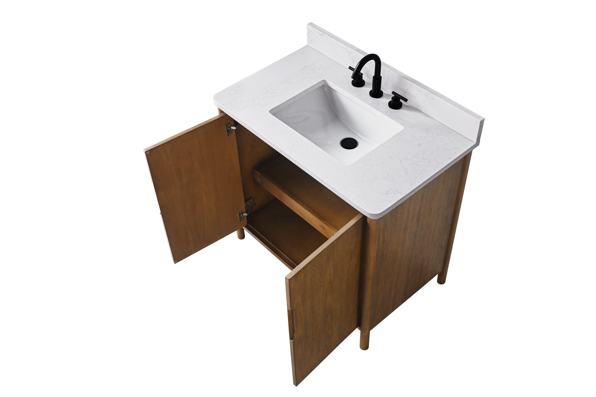 VanityArt 36-inch walnut vanity overhead view with open cabinet doors revealing interior pull-out shelf and stone sink top