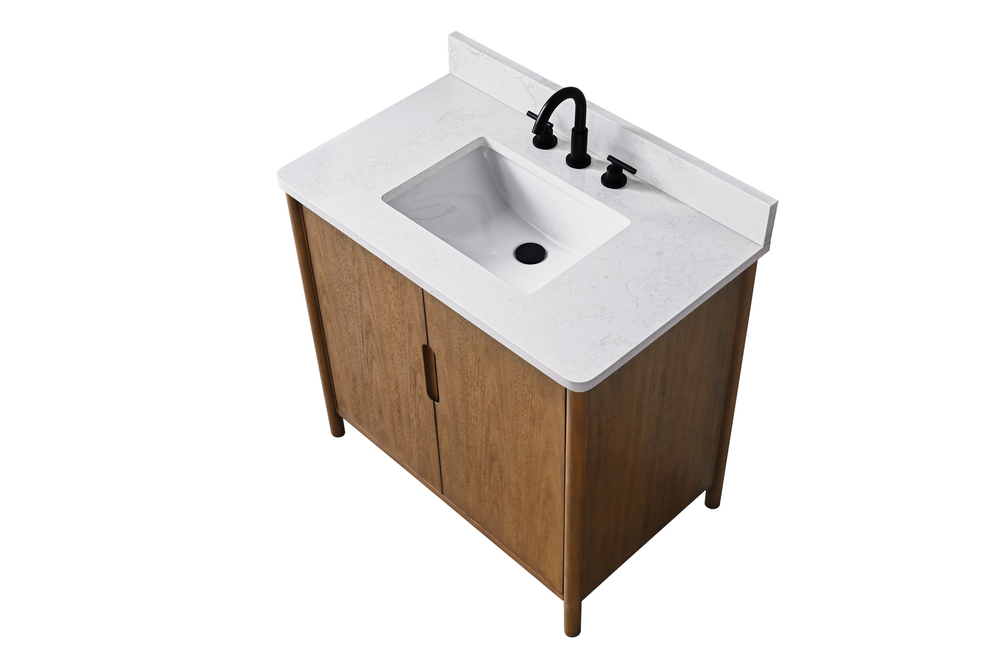 VanityArt 36-inch walnut vanity overhead angle view showing white stone top with undermount sink and two closed cabinet doors