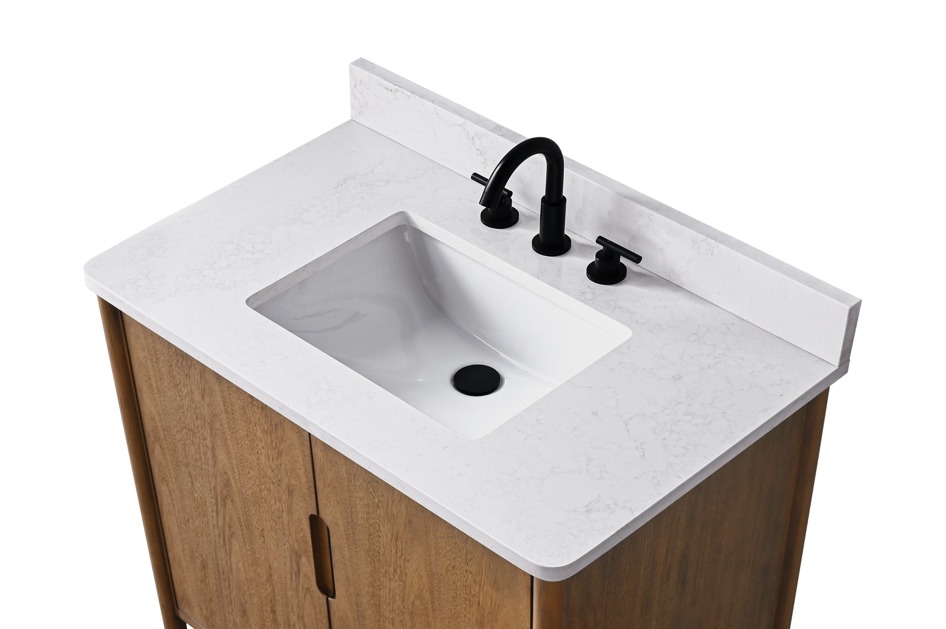 Close-up of VanityArt white engineered stone vanity top with undermount rectangular sink and matte black widespread faucet