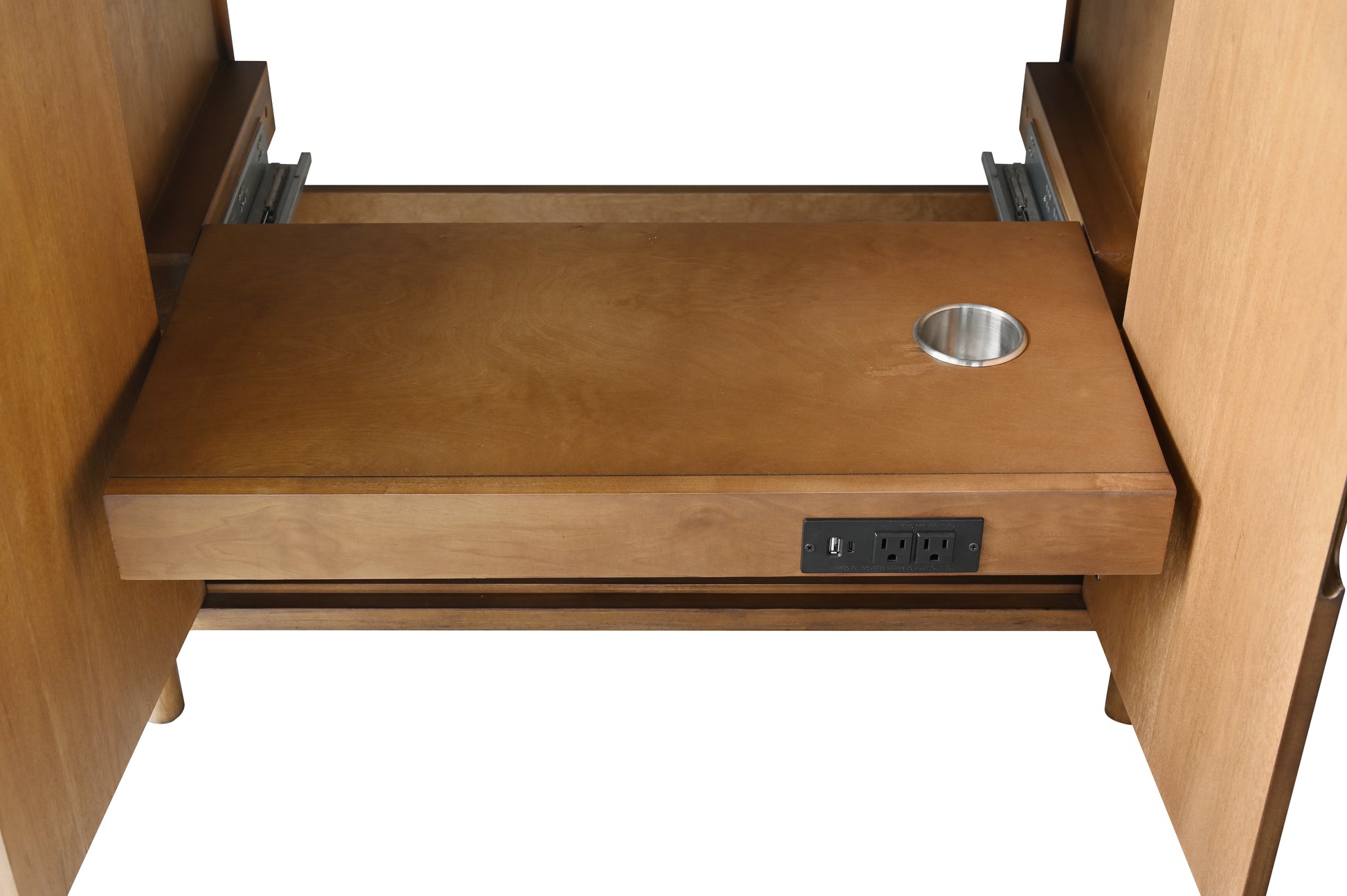 Close-up of VanityArt vanity interior pull-out shelf with built-in power strip, USB ports and cable management grommet