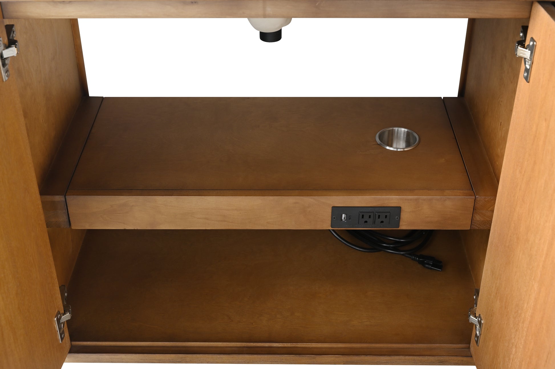 VanityArt vanity interior showing pull-out shelf with power strip, USB charging ports and drain pipe cutout, doors open