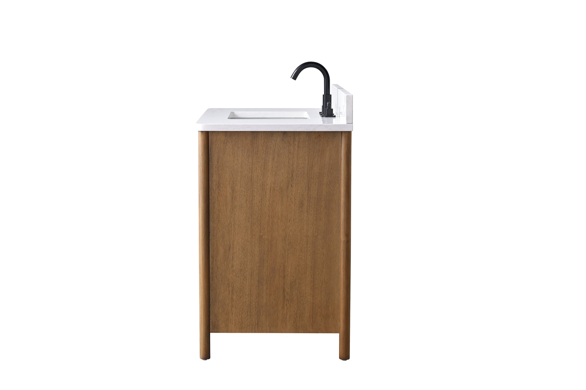 VanityArt 36-inch walnut bathroom vanity side profile view showing white stone top, matte black faucet and tapered legs