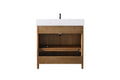 VanityArt 36-inch walnut vanity rear view with open doors revealing interior shelf, pull-out tray and undermount sink drain