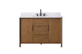 VanityArt 48 inch walnut vanity front view with two doors, three drawers, white stone top and black faucet