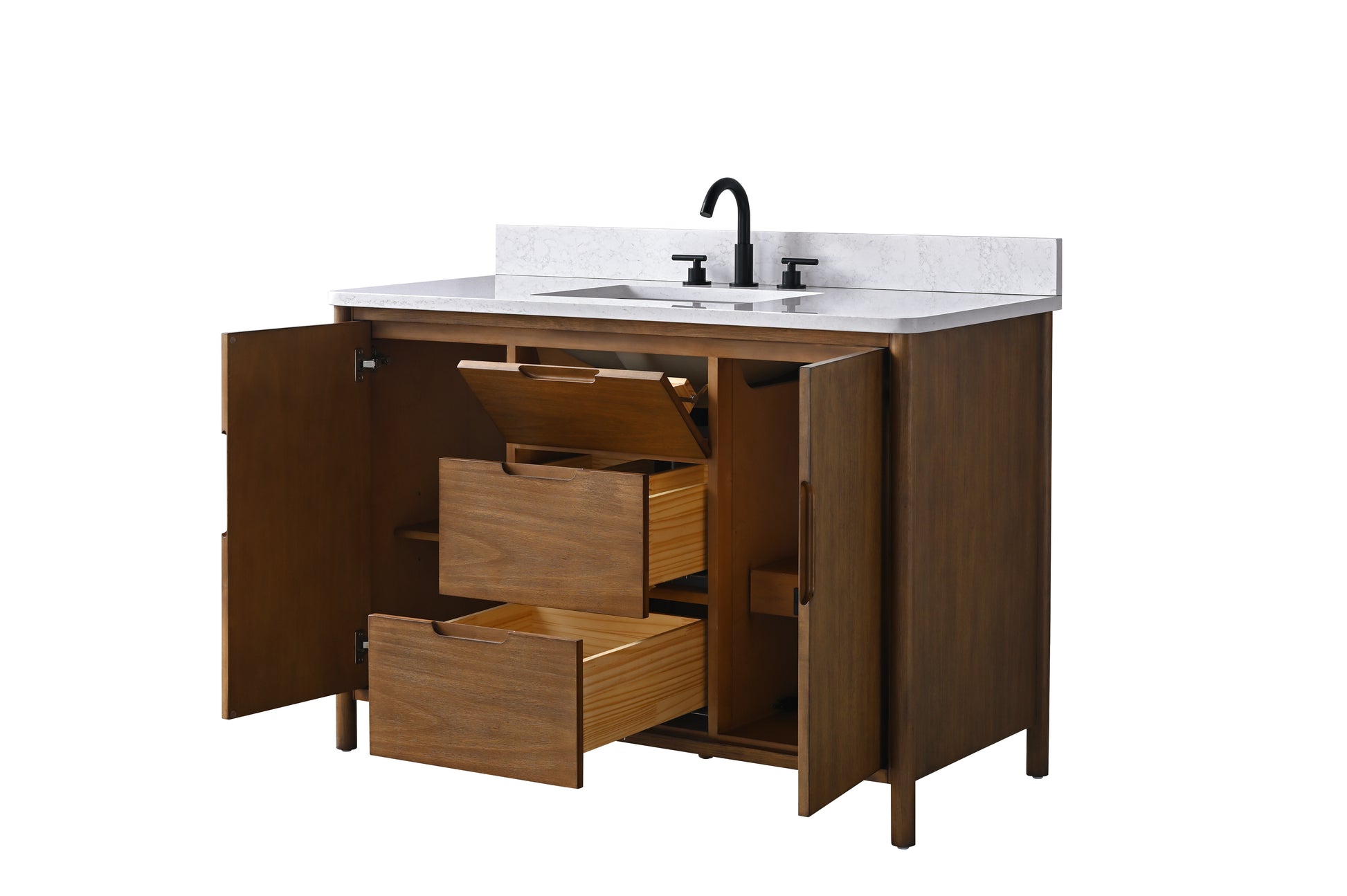 VanityArt 48 inch walnut vanity with open left cabinet doors showing flip-down and pull-out drawers