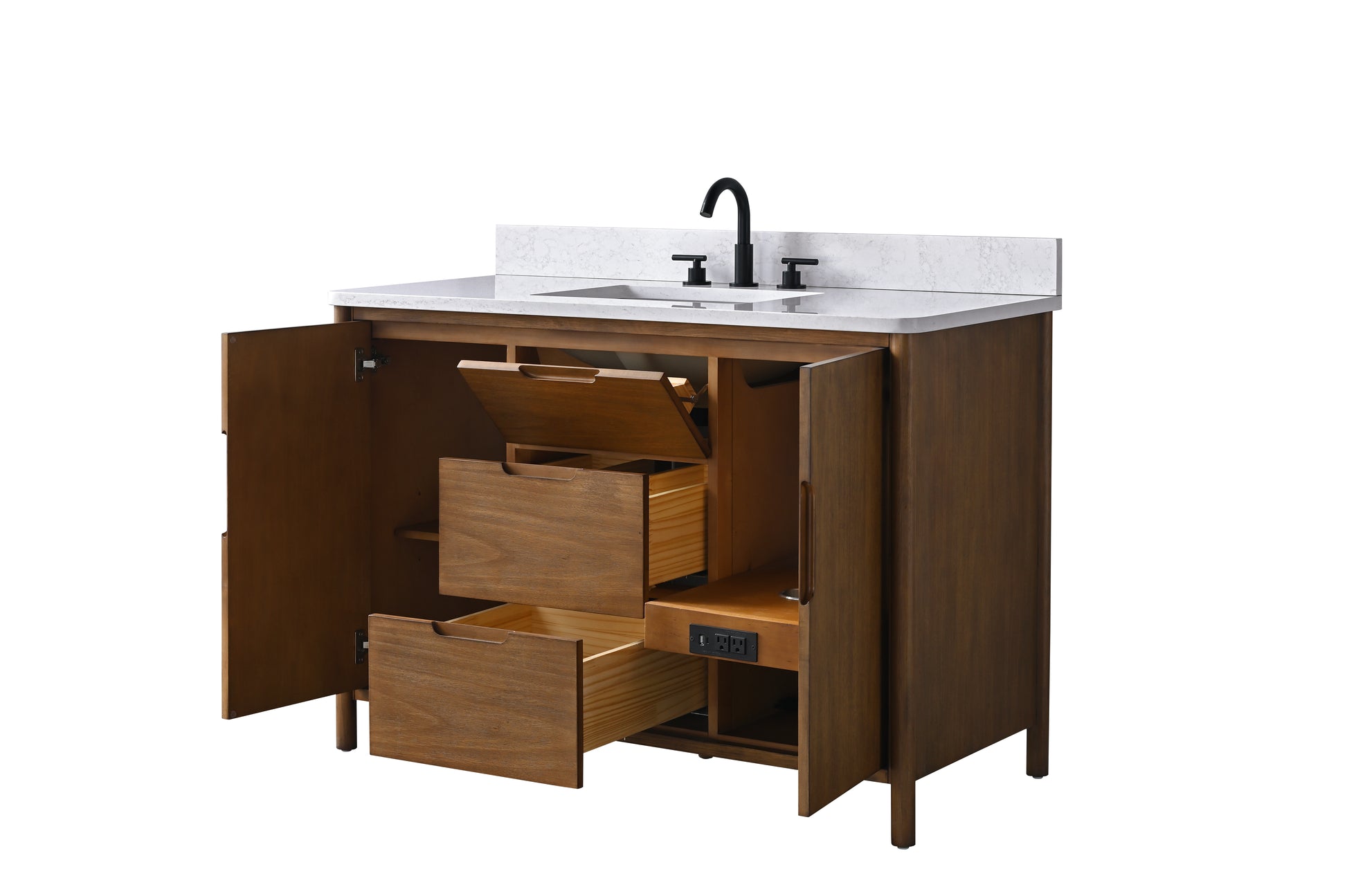 VanityArt 48 inch walnut vanity open storage view showing soft-close drawer mechanism and outlet inside