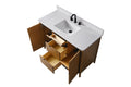 VanityArt 48 inch walnut vanity top view with open doors and two pull-out drawers with wood interiors