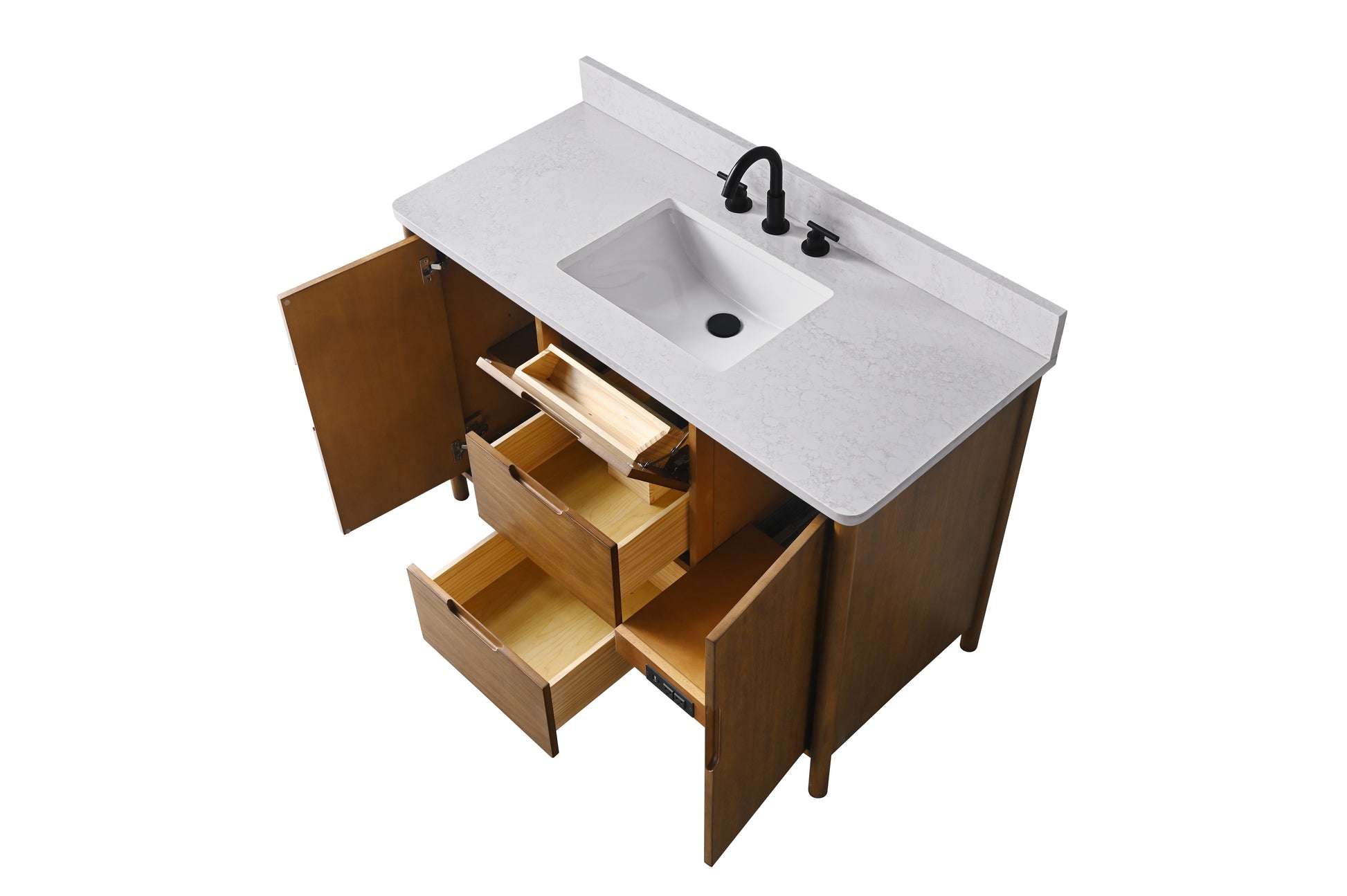 VanityArt 48 inch walnut vanity top view with open doors and two pull-out drawers with wood interiors