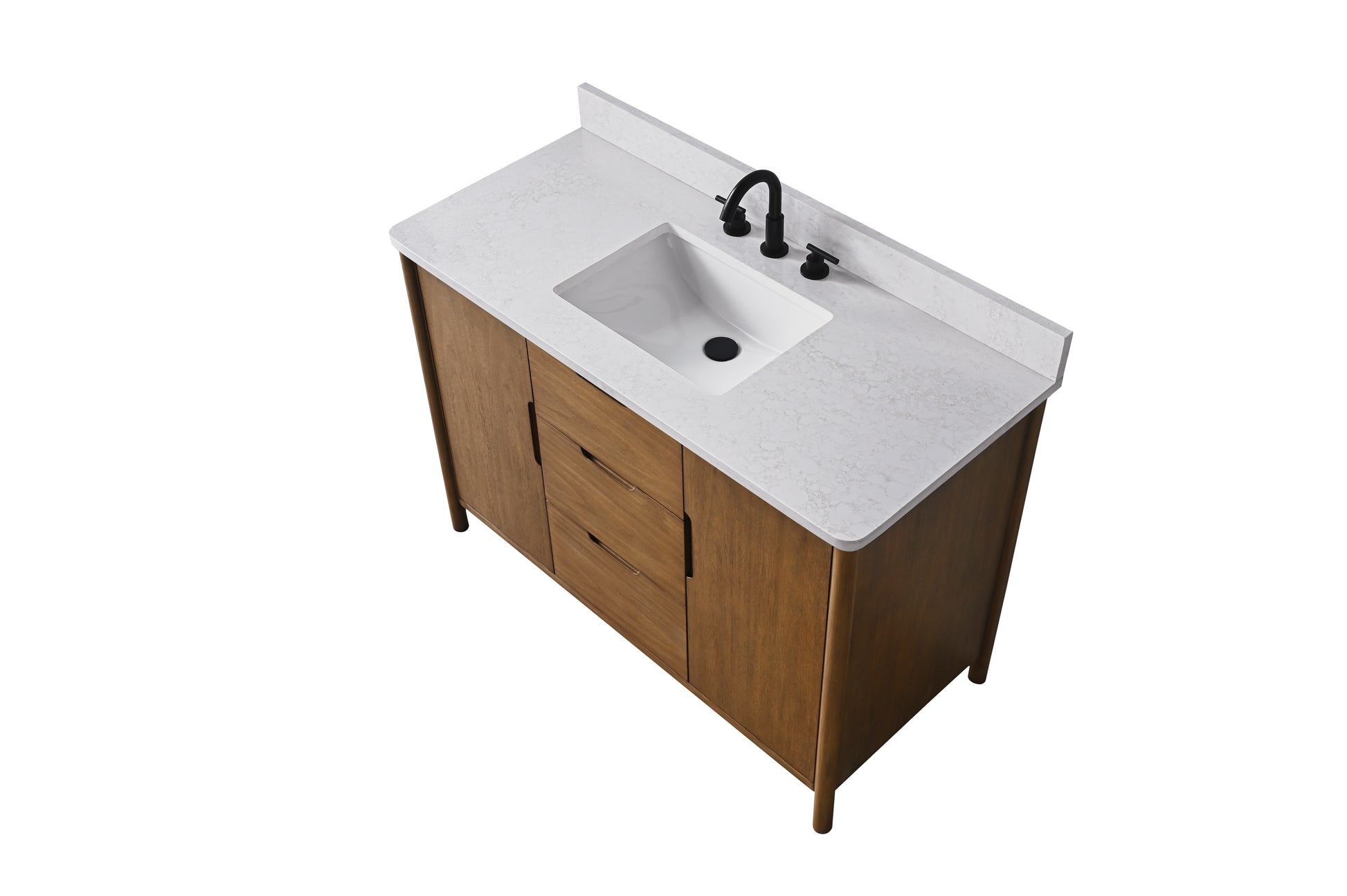 VanityArt 48 inch walnut bathroom vanity angled overhead view showing white stone top and integrated sink
