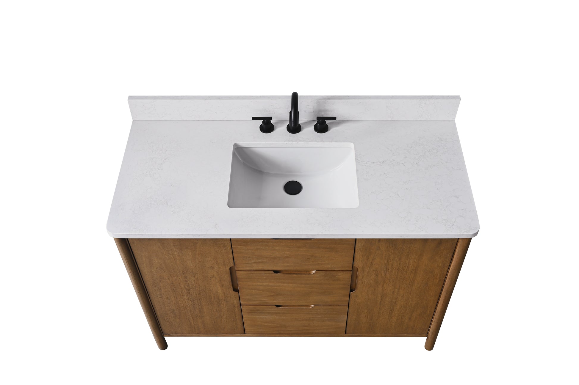 VanityArt 48 inch walnut vanity top view showing white engineered stone countertop with undermount sink and black faucet