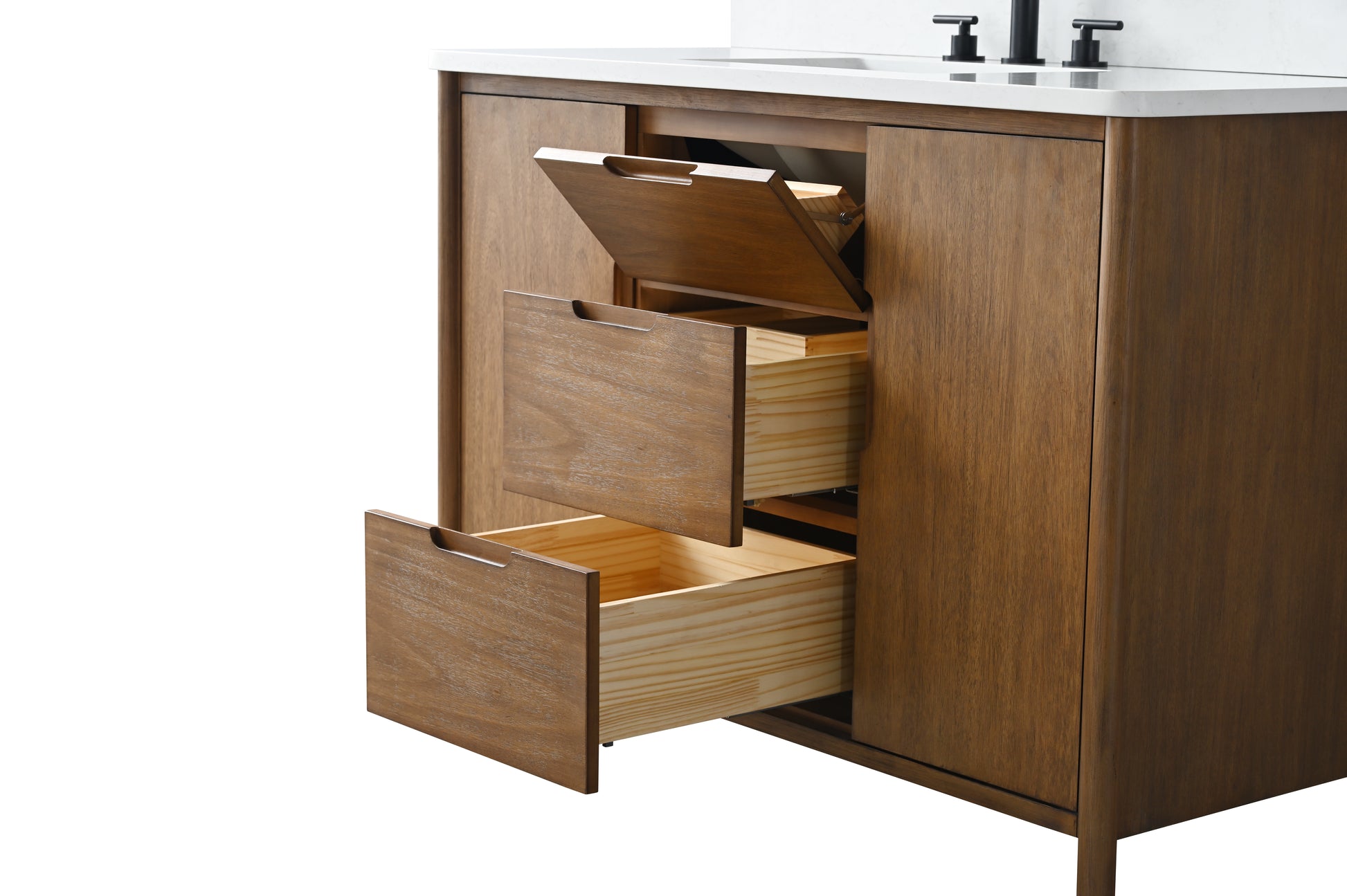 VanityArt 48 inch walnut vanity close-up of open flip-down top drawer and lower pull-out drawer storage