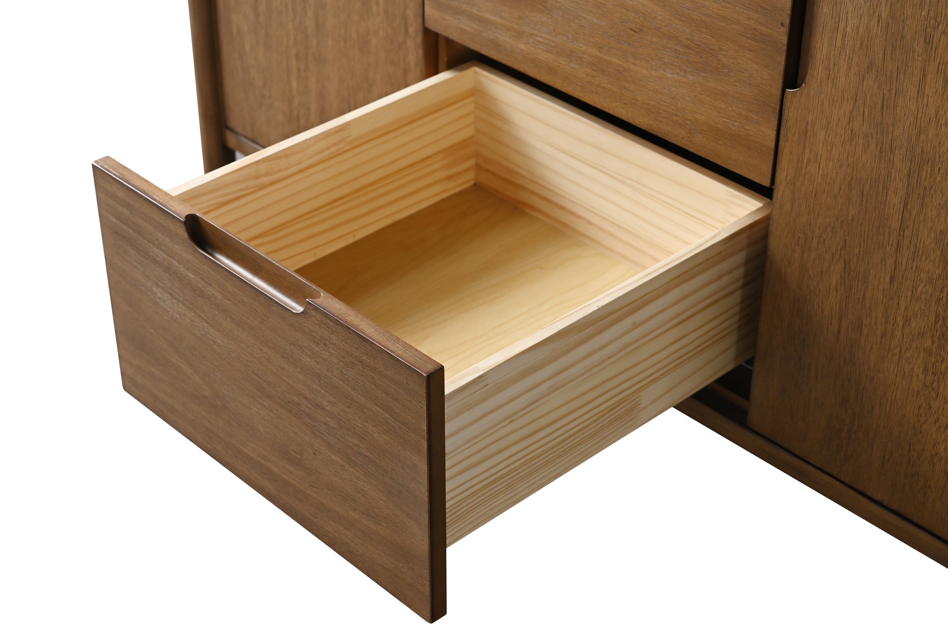 VanityArt walnut vanity close-up of open solid wood dovetail drawer construction detail