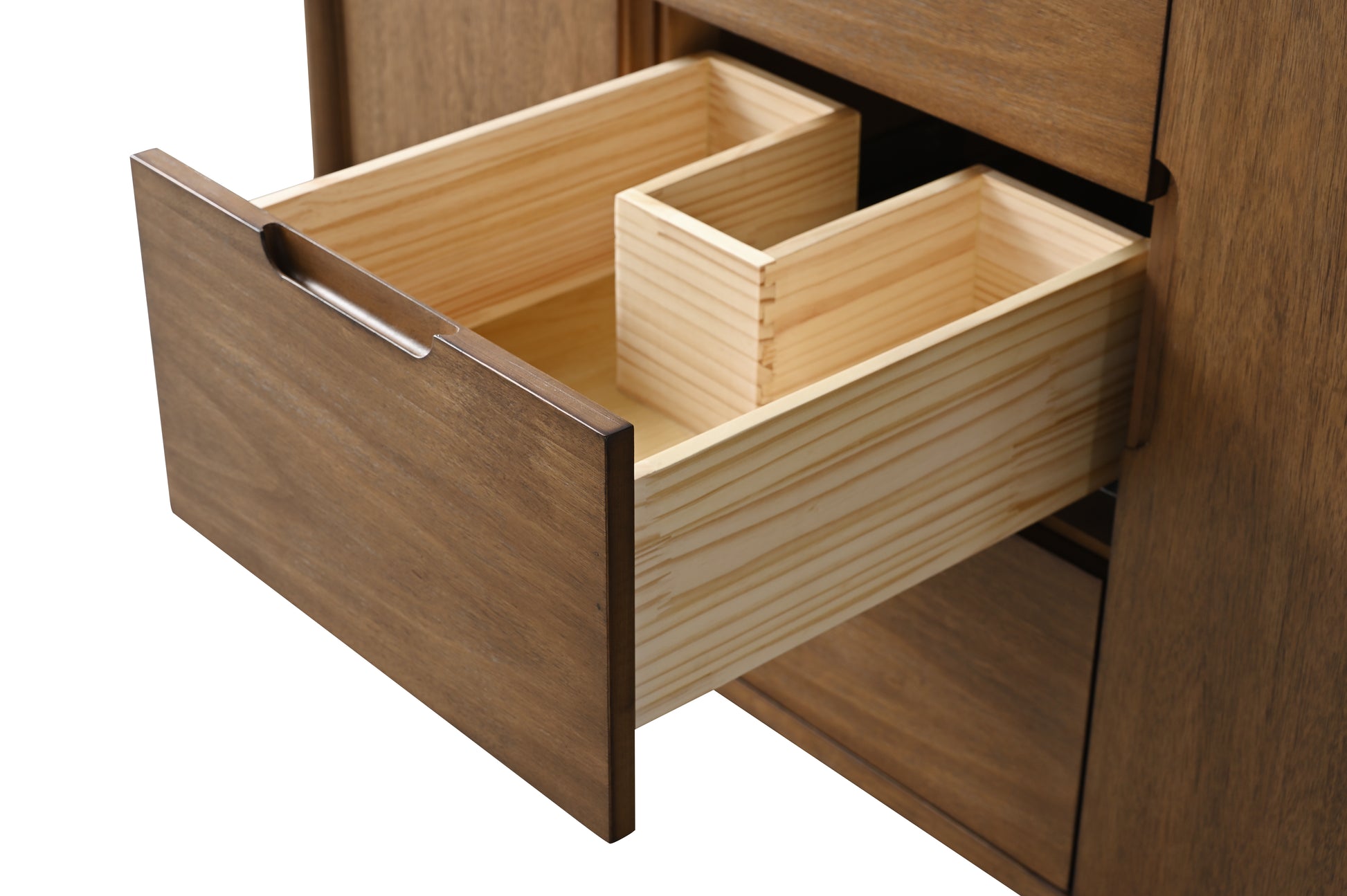 VanityArt walnut vanity open drawer showing built-in wooden organizer divider insert detail
