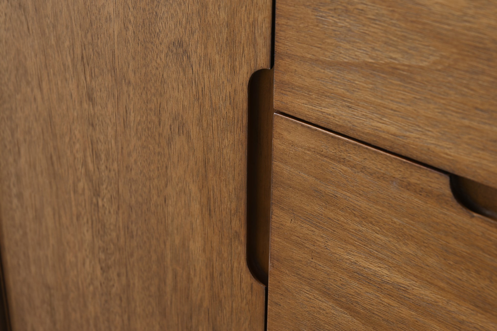 VanityArt walnut vanity close-up of integrated carved door pull handle and drawer gap detail