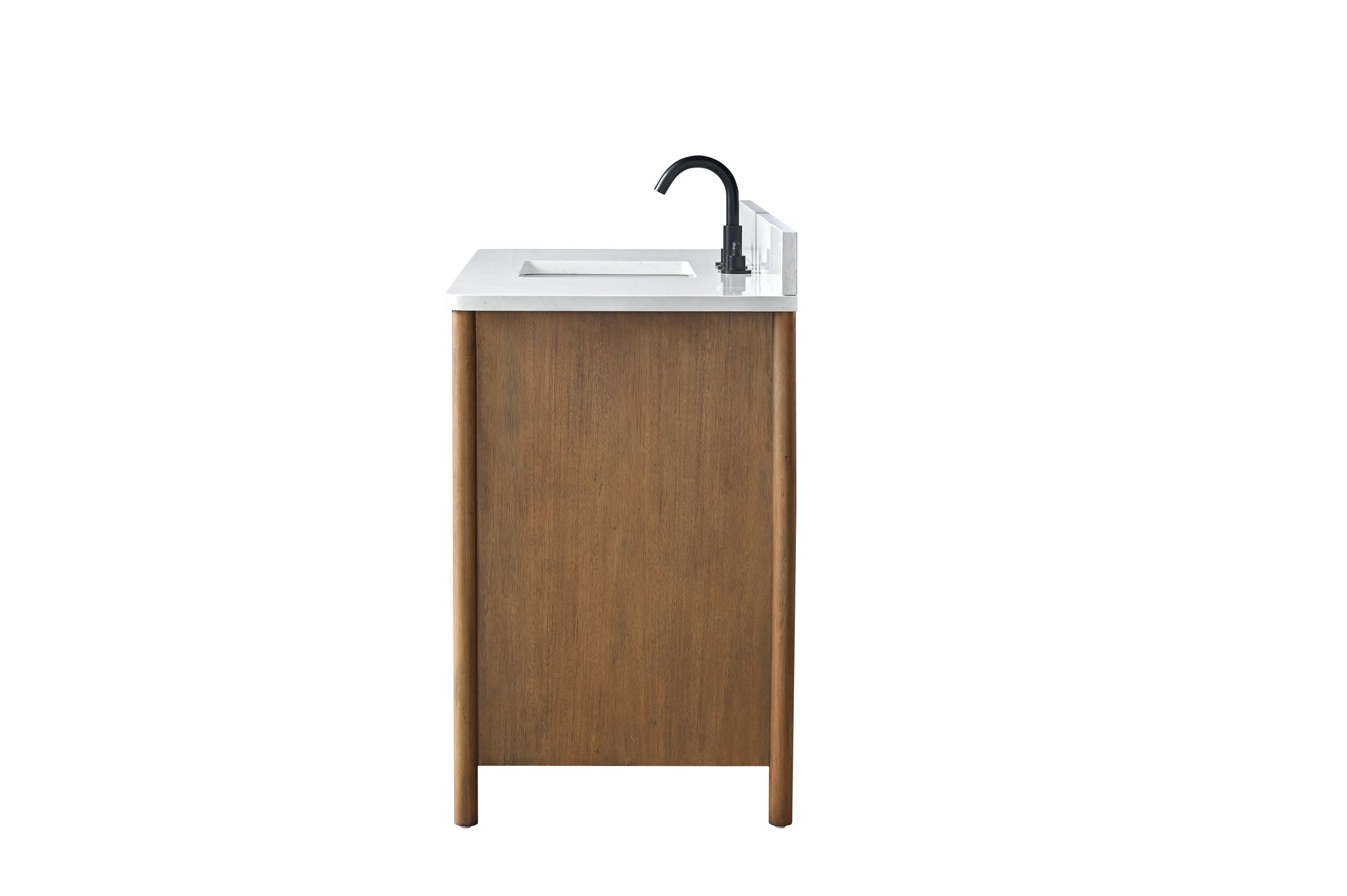 VanityArt 48 inch walnut bathroom vanity side profile view with white stone top and matte black faucet