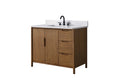 VanityArt 42-inch walnut vanity angled view showing two doors left and three stacked drawers right white top
