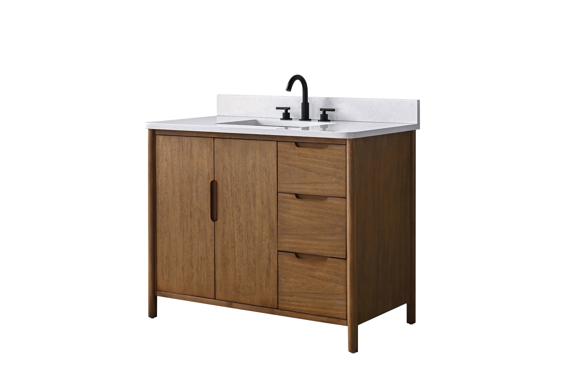 VanityArt 42-inch walnut vanity angled view showing two doors left and three stacked drawers right white top