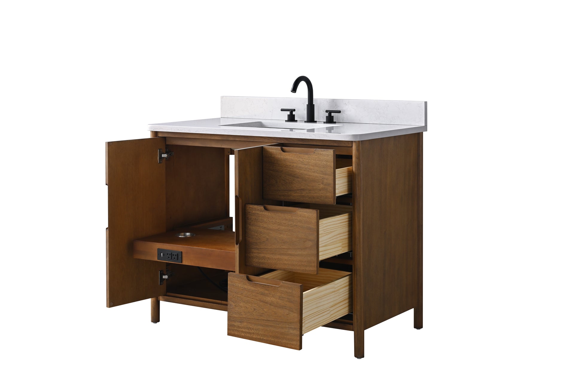 VanityArt 42-inch walnut vanity open cabinet and drawers showing built-in power strip shelf interior side view