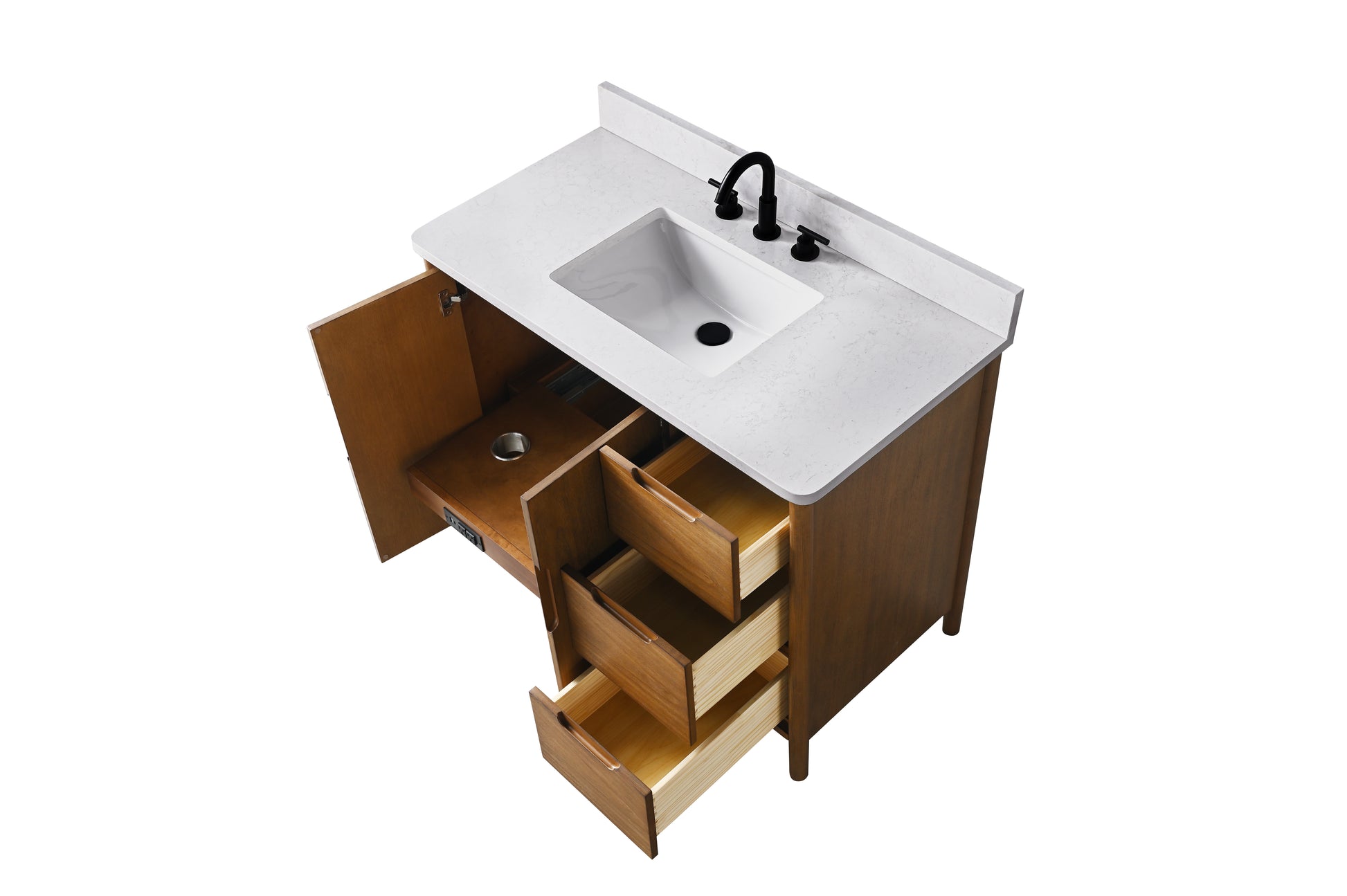 VanityArt 42-inch walnut vanity top-down view open drawers and cabinet with white engineered stone sink top