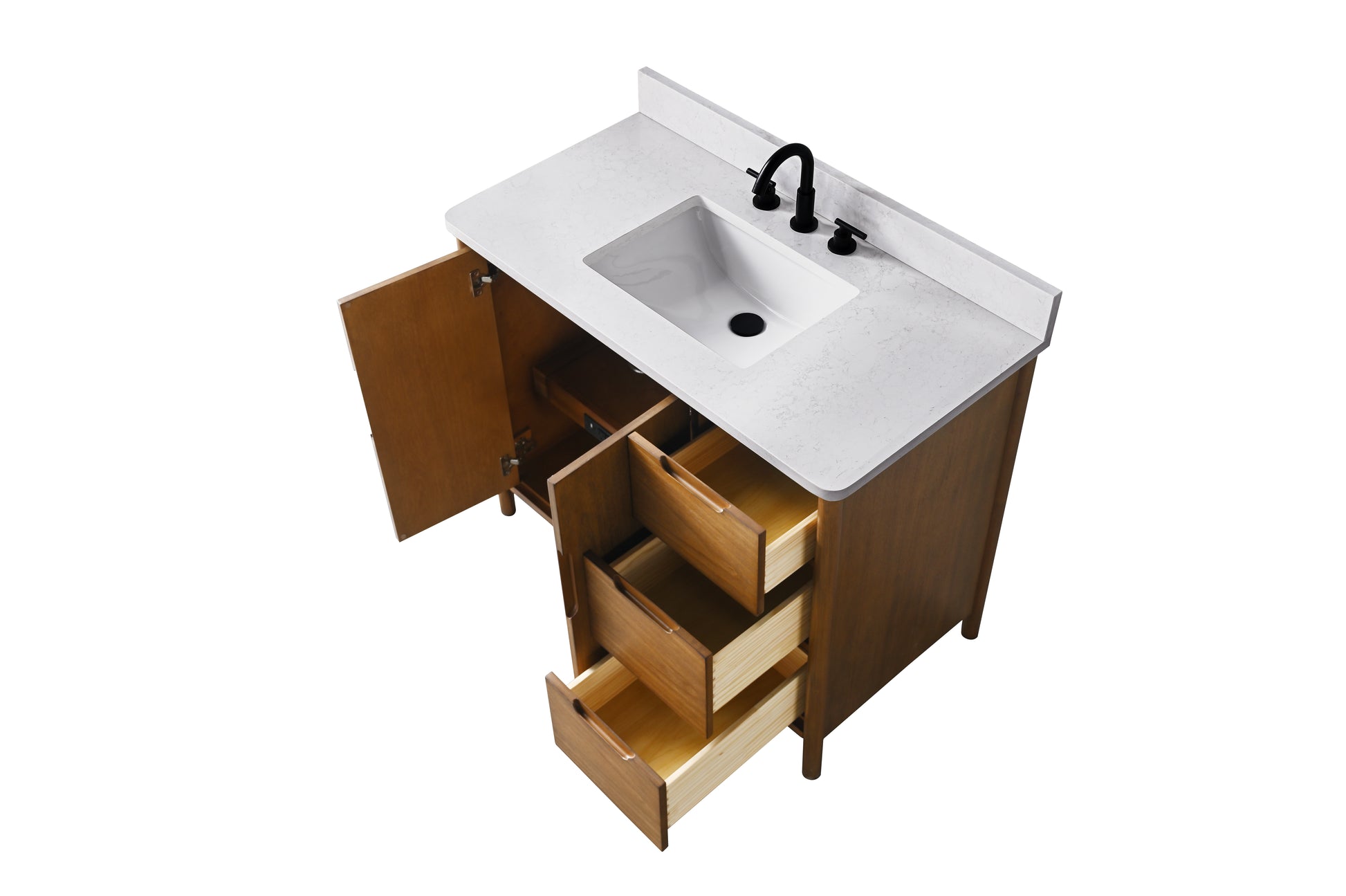 VanityArt 42-inch walnut vanity overhead angled view open door and two open drawers white quartz countertop