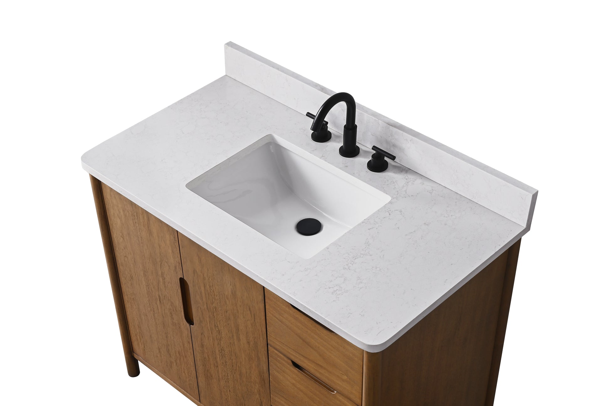 VanityArt 42-inch walnut vanity close-up overhead view white quartz top undermount sink matte black faucet