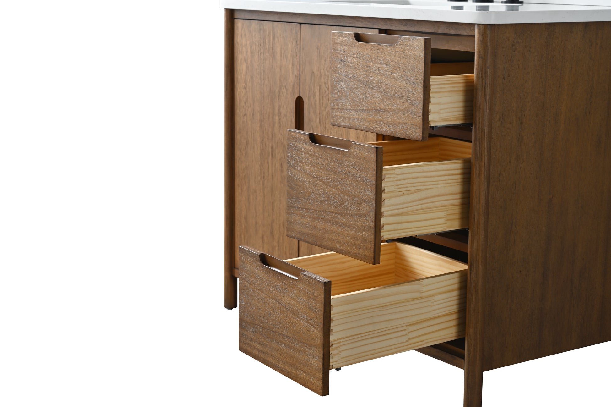 VanityArt 42-inch walnut vanity close-up of three open right-side drawers showing dovetail wood box construction