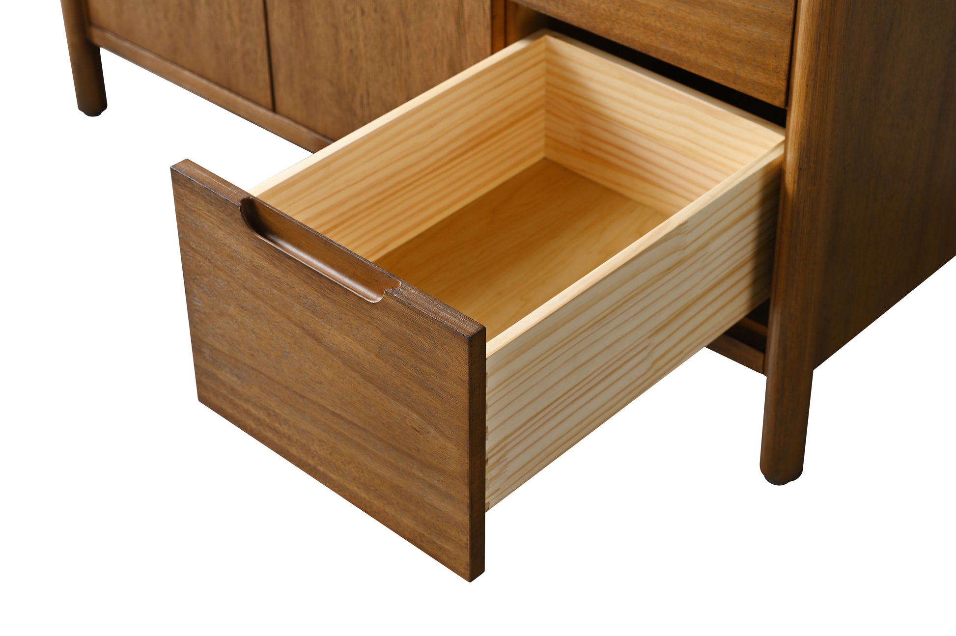 VanityArt 42-inch walnut vanity close-up single open drawer showing solid wood dovetail box construction detail