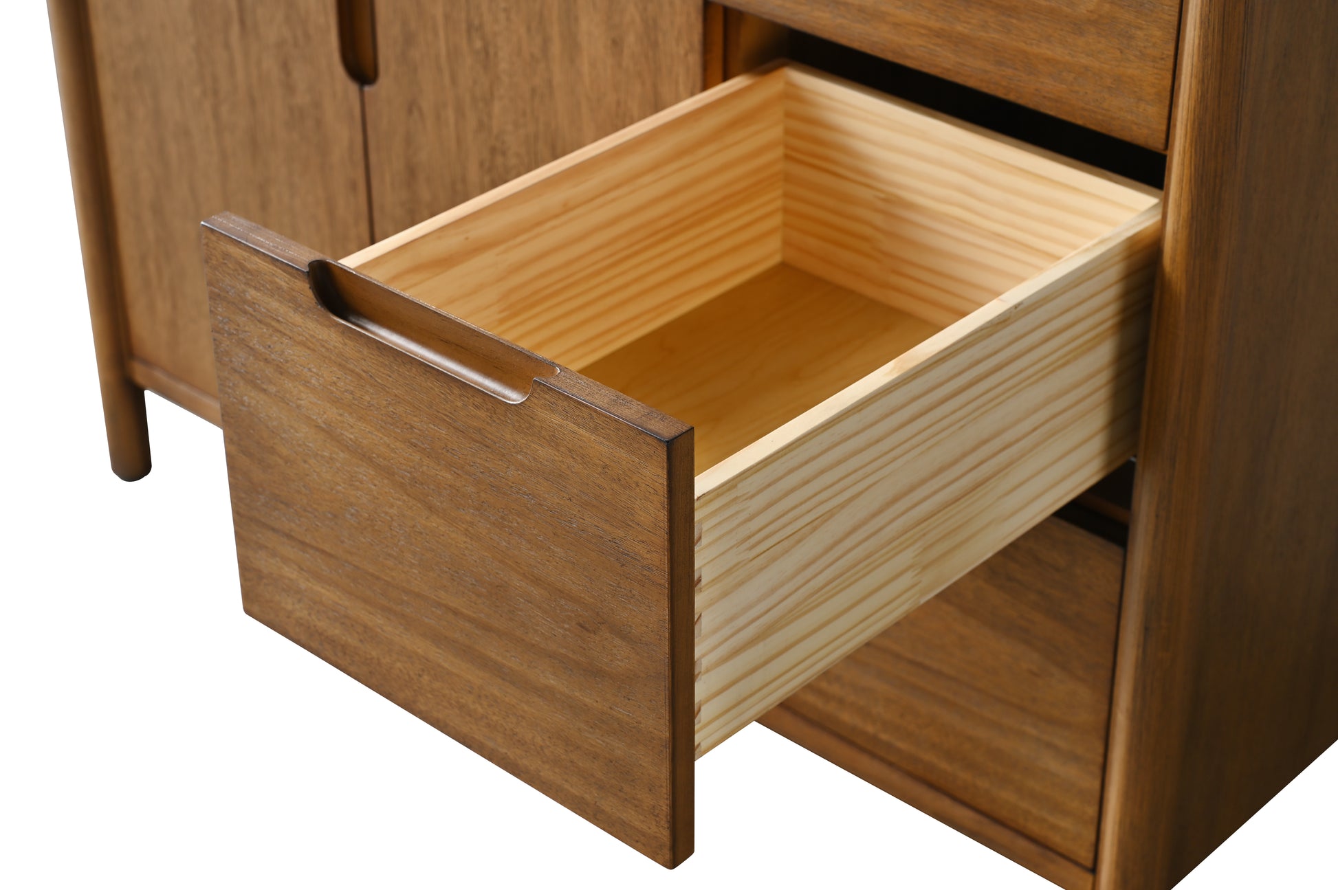 VanityArt 42-inch walnut vanity close-up open drawer detail showing light wood dovetail interior construction