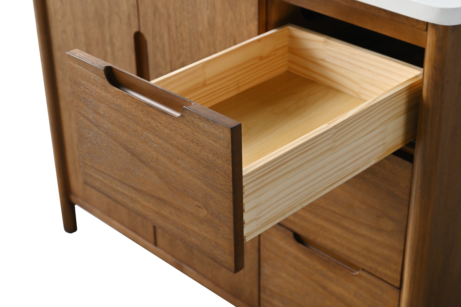 VanityArt 42-inch walnut vanity close-up top open drawer with wood interior and white engineered stone top visible