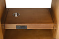 VanityArt 42-inch walnut vanity interior cabinet close-up showing pull-out shelf with USB outlet and power strip