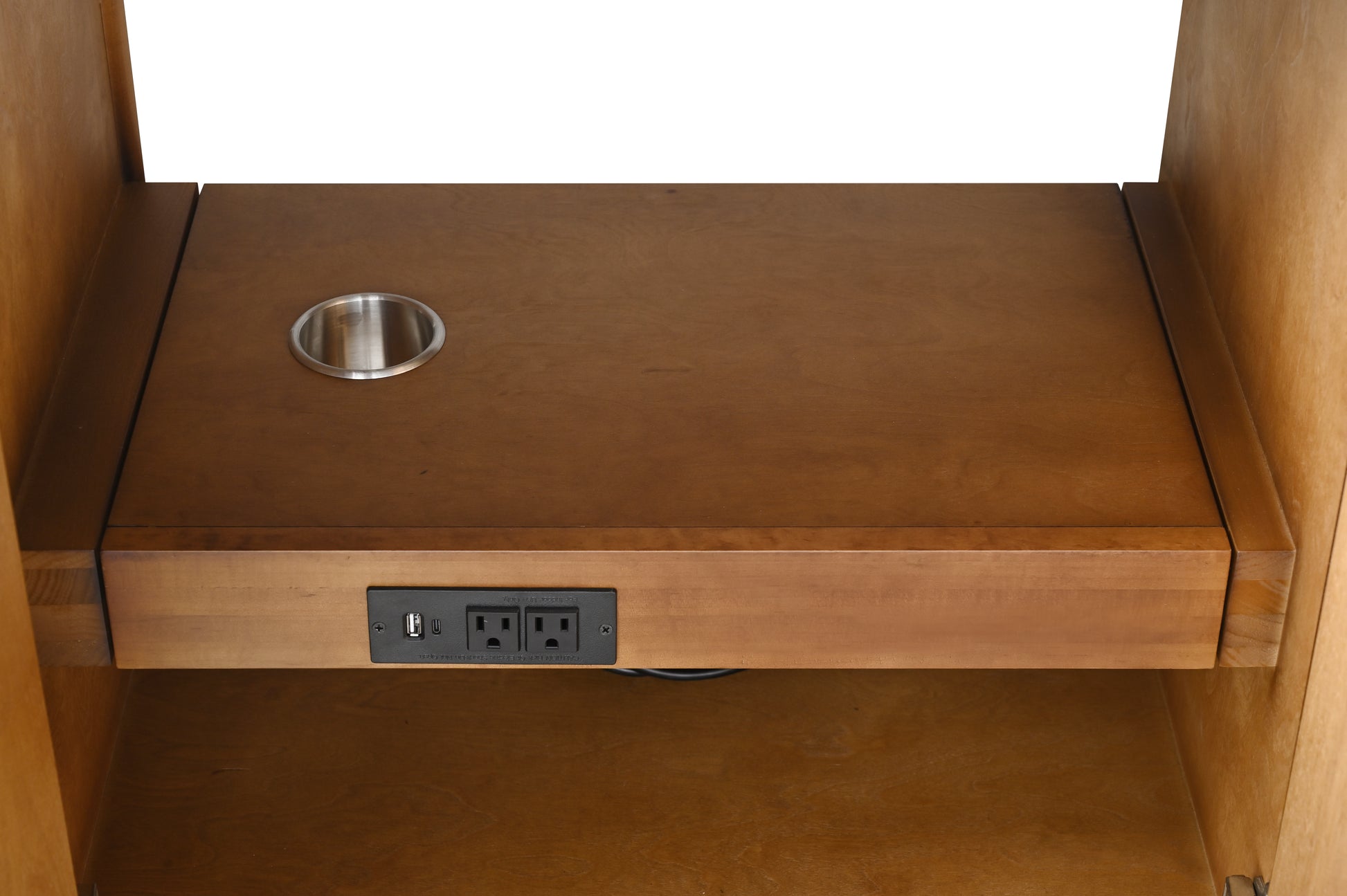 VanityArt 42-inch walnut vanity interior cabinet close-up showing pull-out shelf with USB outlet and power strip