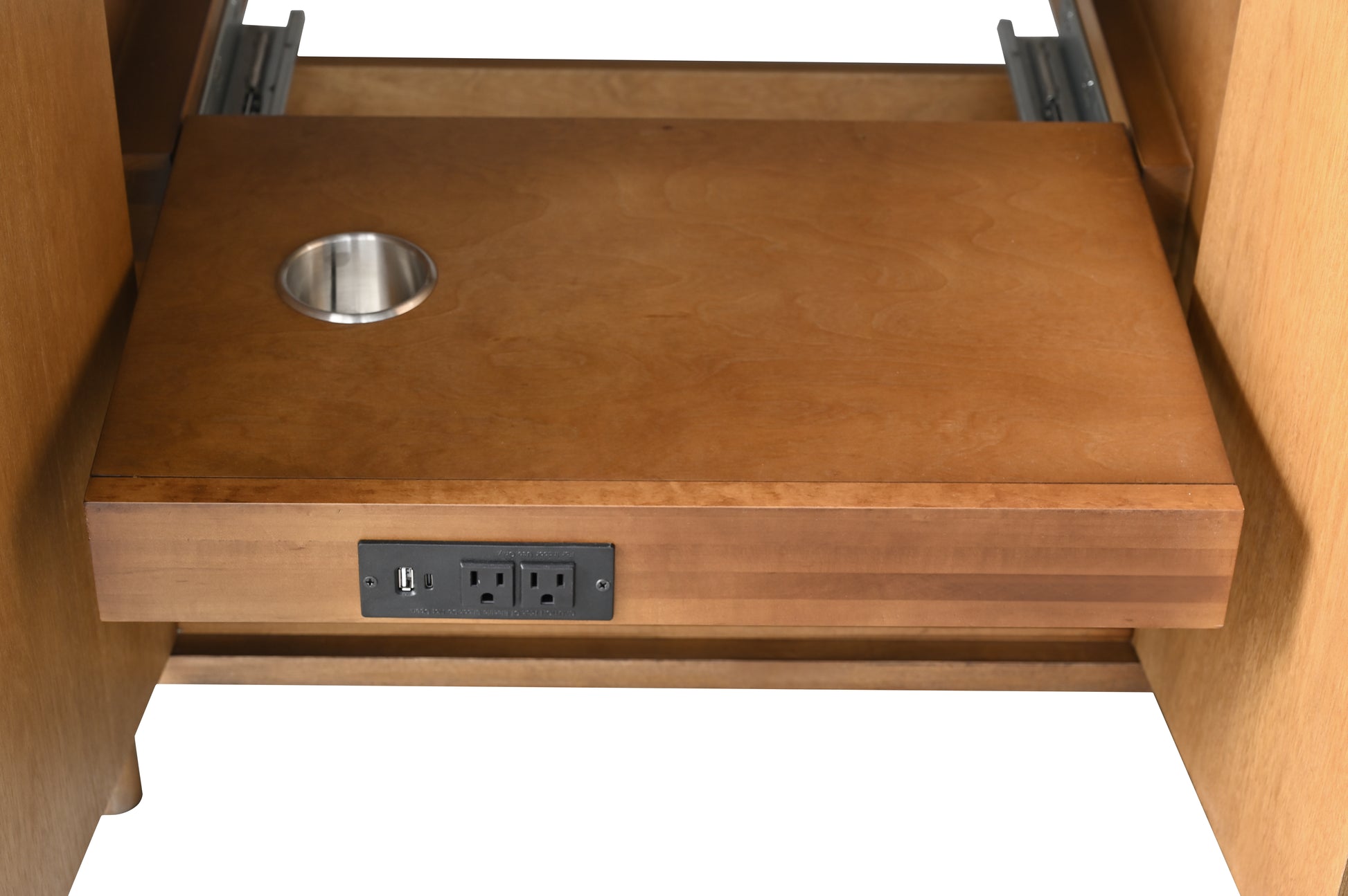 VanityArt 42-inch walnut vanity interior close-up of slide-out shelf with built-in USB and electrical outlets