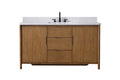 Front view of 60-inch walnut bathroom vanity with white stone top, center drawers, black hardware