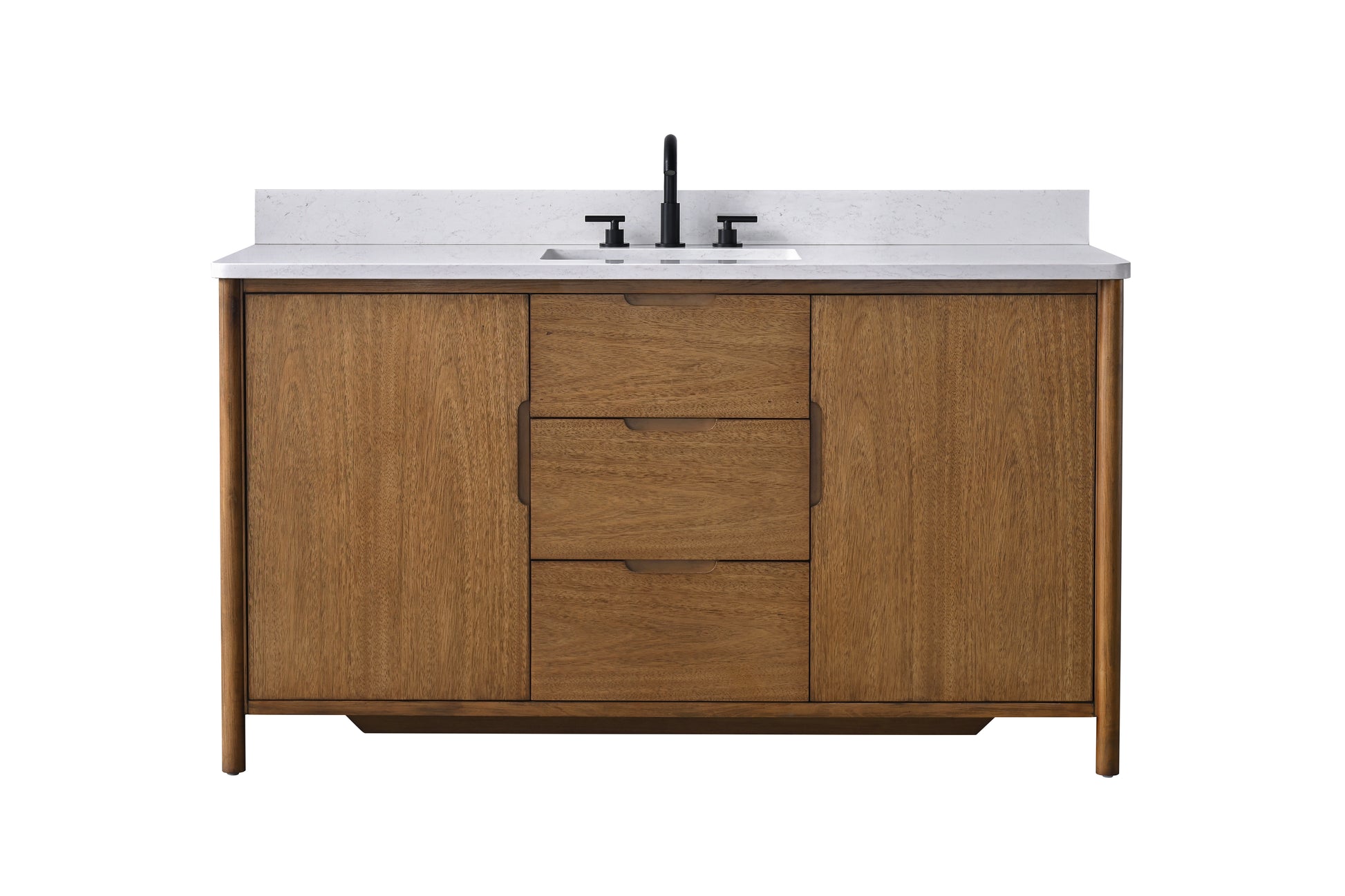 Front view of 60-inch walnut bathroom vanity with white stone top, center drawers, black hardware