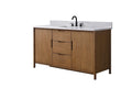 Angled front view of 60-inch walnut vanity with white engineered stone top and black faucet fixtures