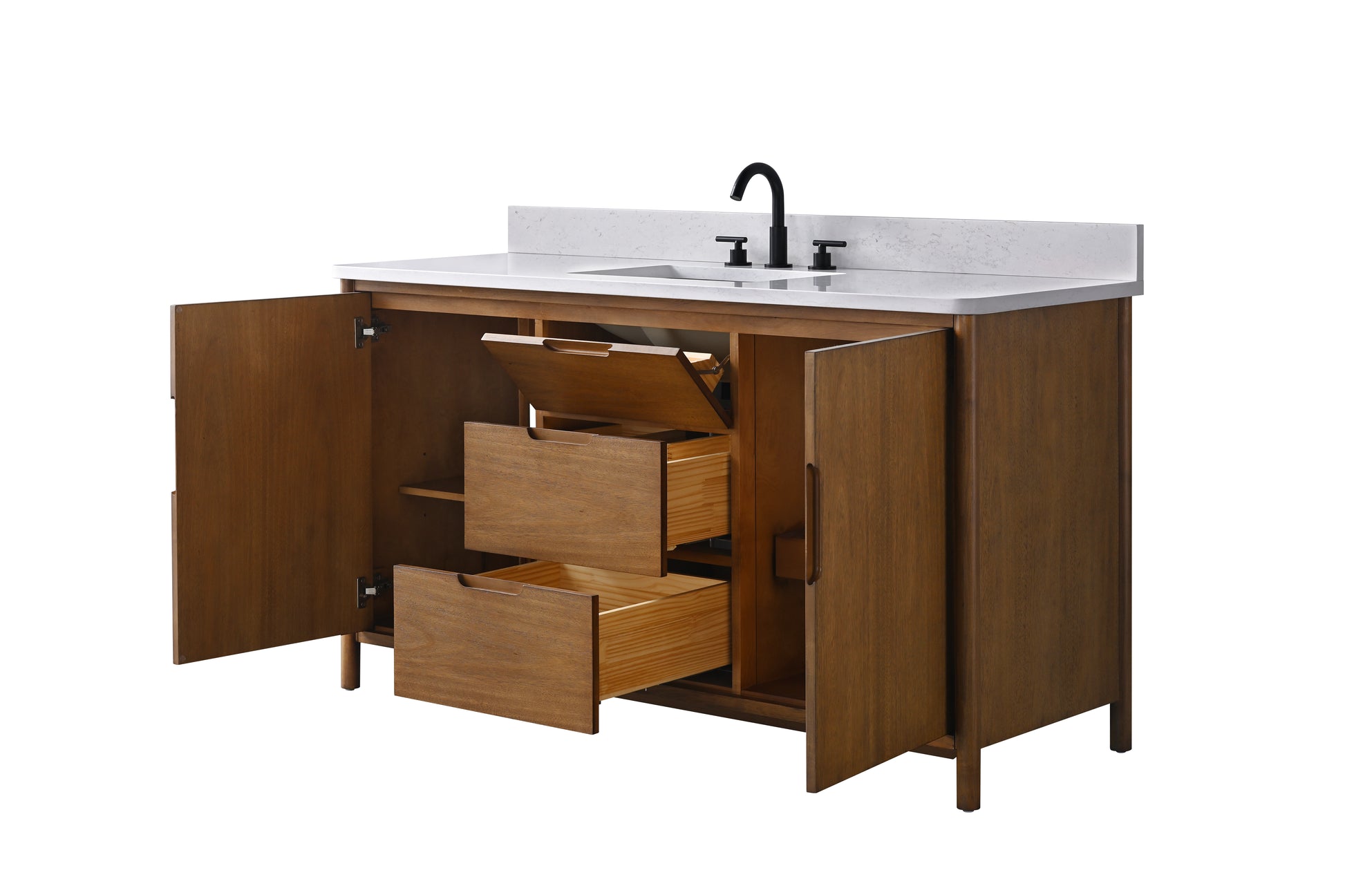 60-inch walnut vanity with left doors open showing tilt-out tray and pull-out drawers, white quartz top
