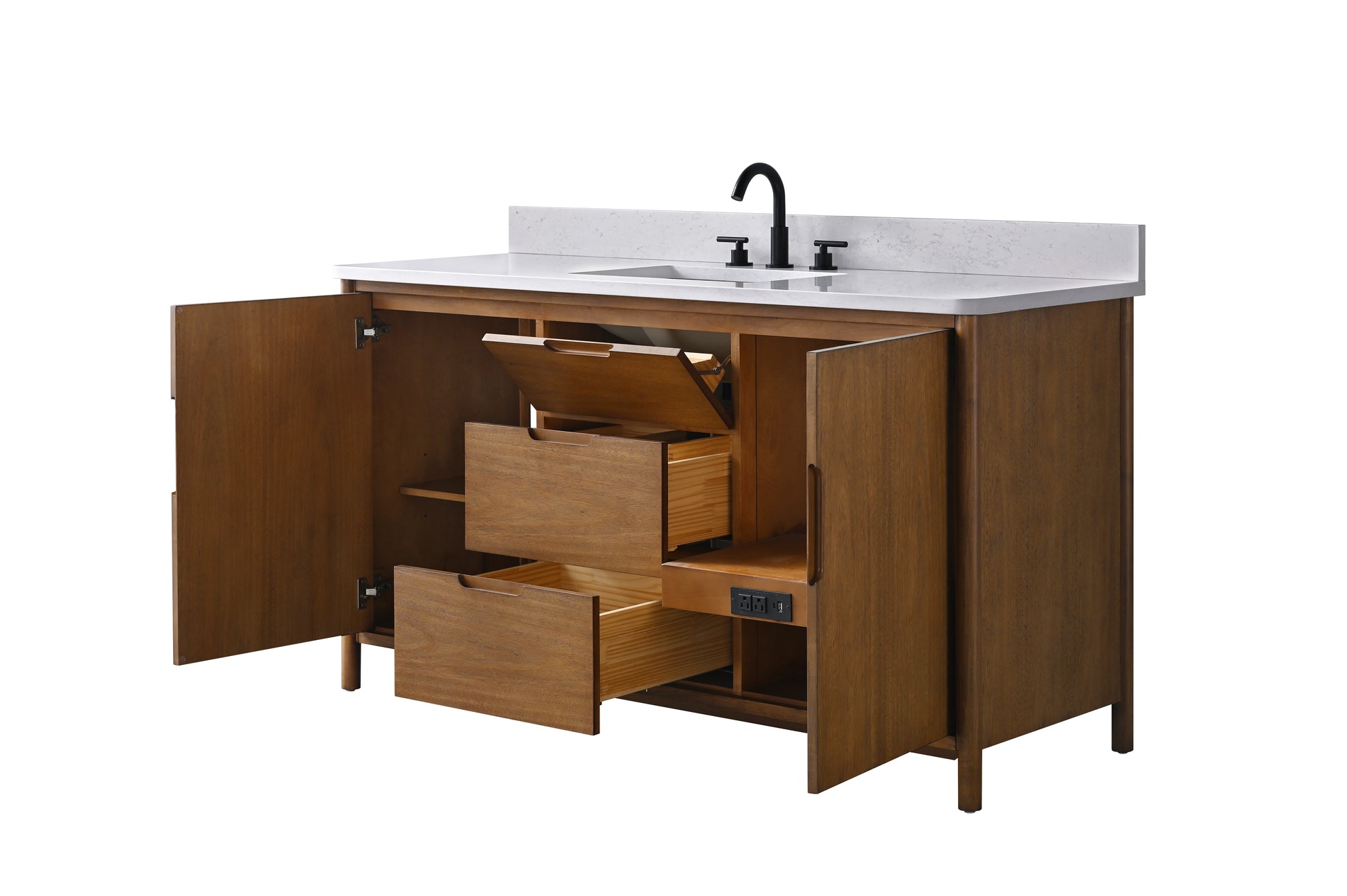 60-inch walnut vanity open storage with power outlet in bottom drawer and white stone countertop
