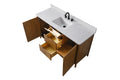 Bird's-eye view of 60-inch walnut vanity open storage with wood drawers and white stone top